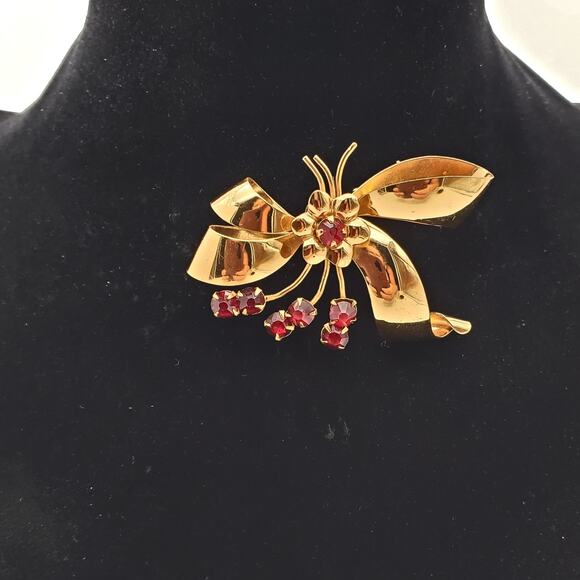 Gold Filled Red Rhinestone Brooch Bow Ribbon Pin Jordan 1/20 10K GF Vintage 40s - Picture 5 of 7